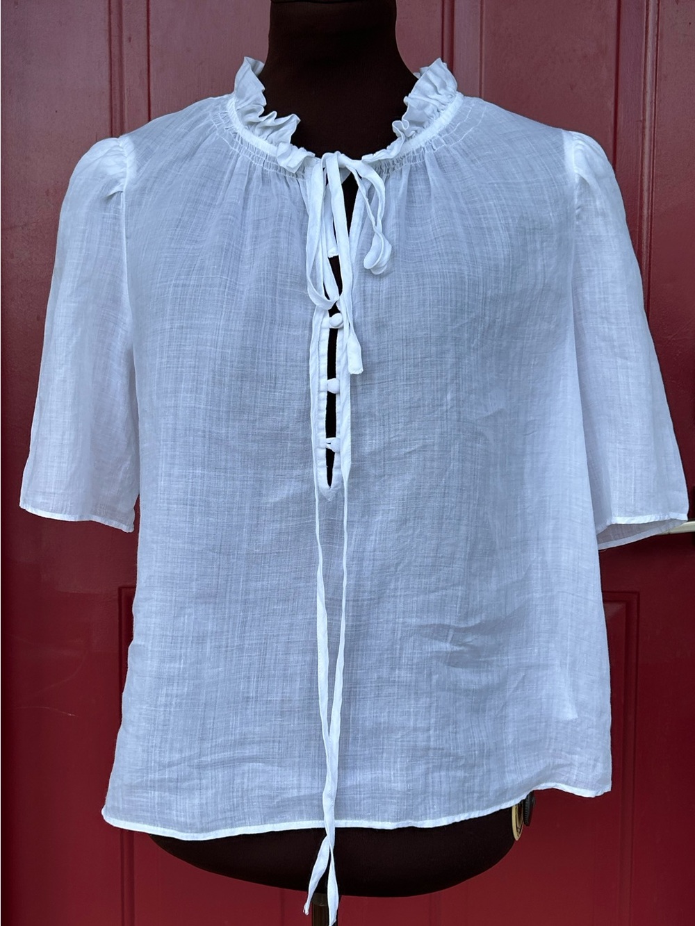 FRAME DENIM White Ruffle Tie-Neck Blouse-💯ramie looks/feels like linen-LOOKS NEW